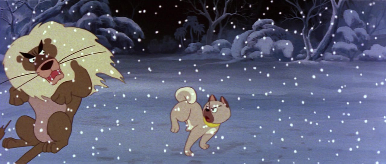 The picture shows a still from Doggie march film 