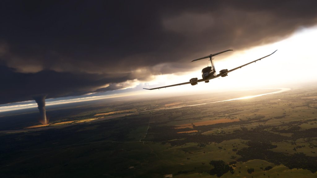 the image shows a plane flying towards a tornado in Microsoft Flight Simulator 2024