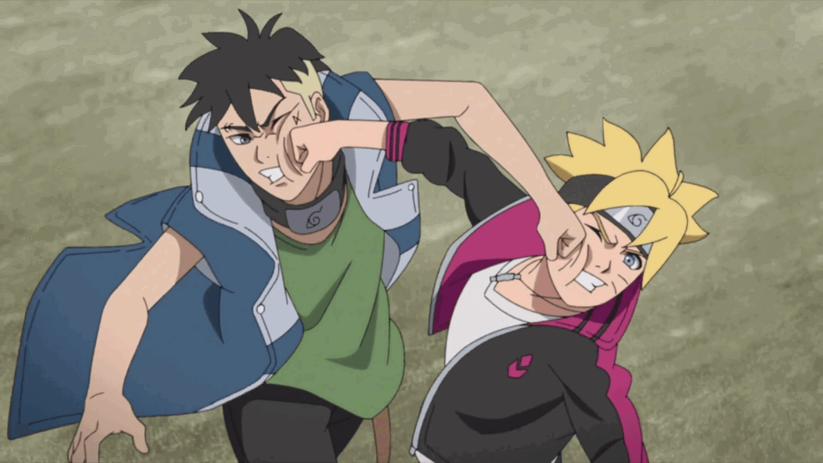 Kawaki and Boruto sparring in Boruto. 