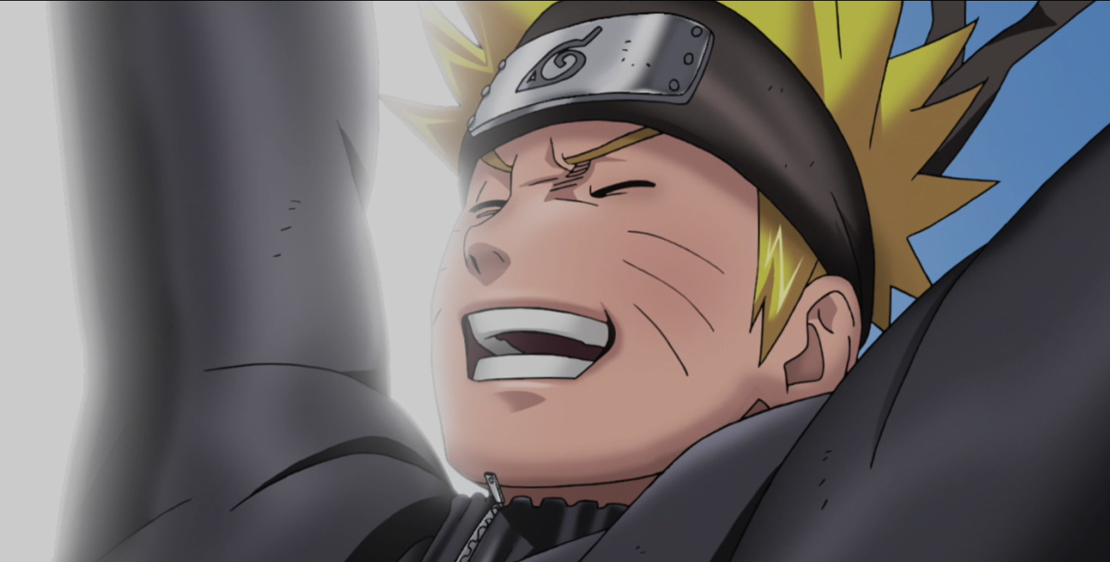 Naruto can be smiling in the picture with his hands held up high 