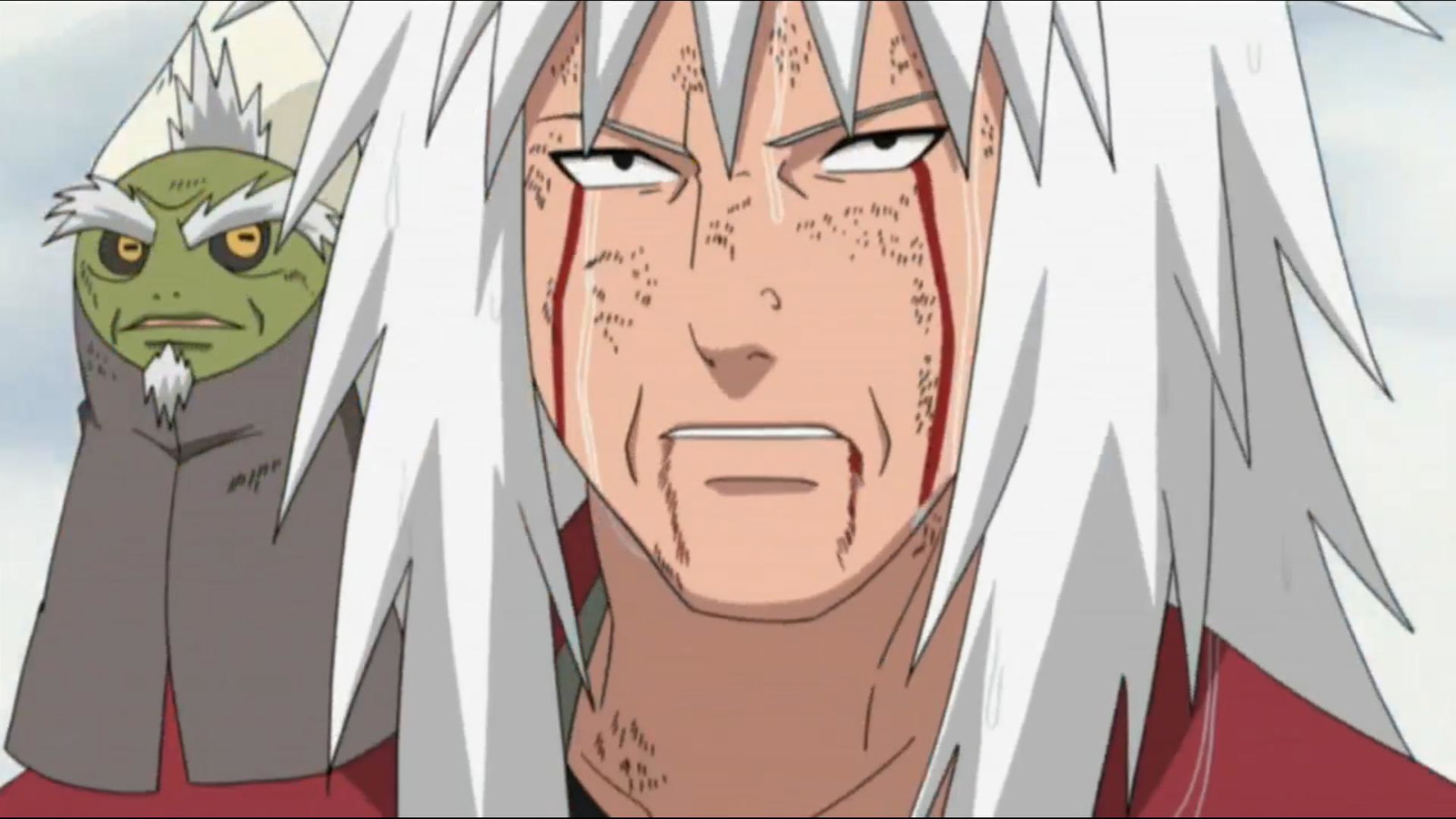 Jiraiya has a toad on his shoulder in Naruto anime