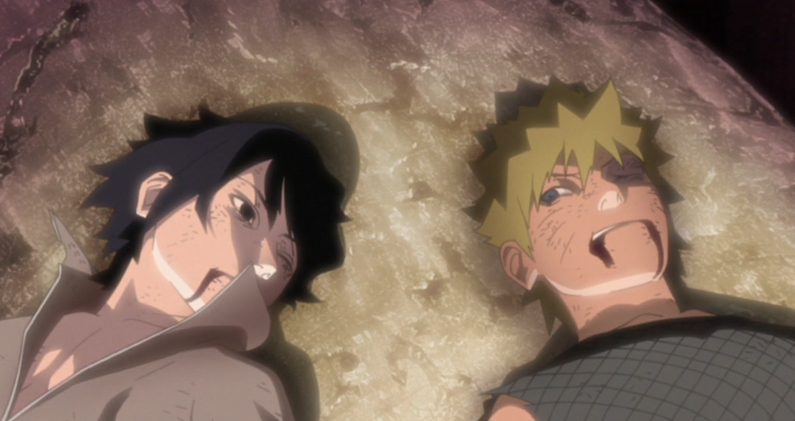 Sasuke and Naruto are lying while looking at each other at the End Valley in Naruto 