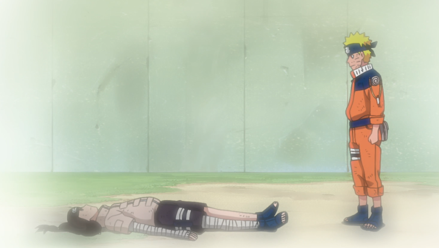 Naruto is looking at Neji who is laying on the ground in front of him 