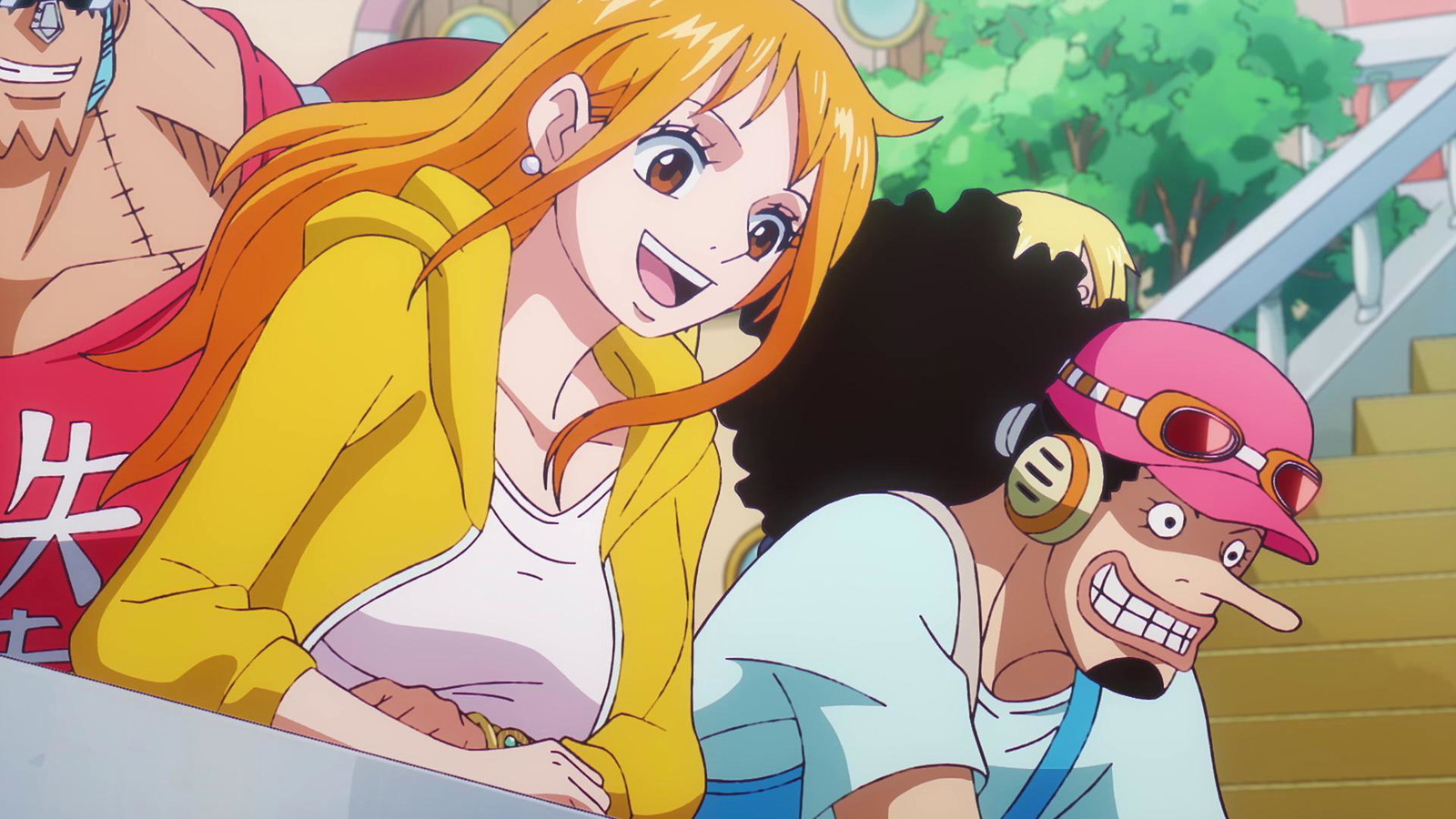 Usopp and Nami are looking downwards while smiling in One Piece anime