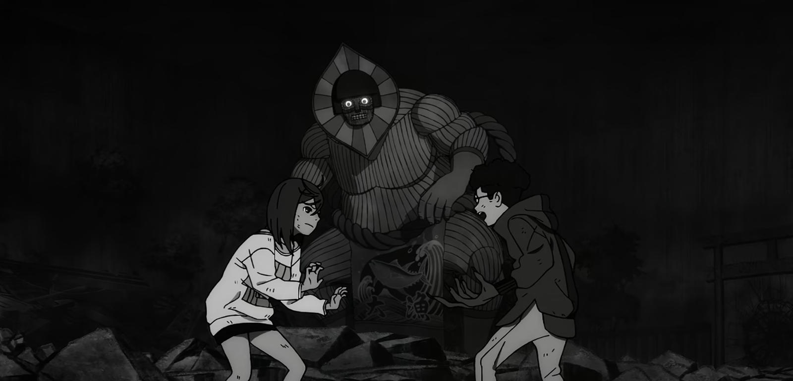 A monster looks over Okarun and Momo's banter in Dandadan anime