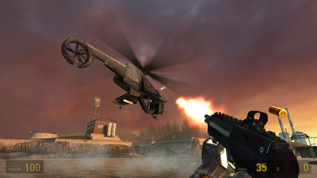 the image shows a player shooting a helicopter in Half-Life 2 