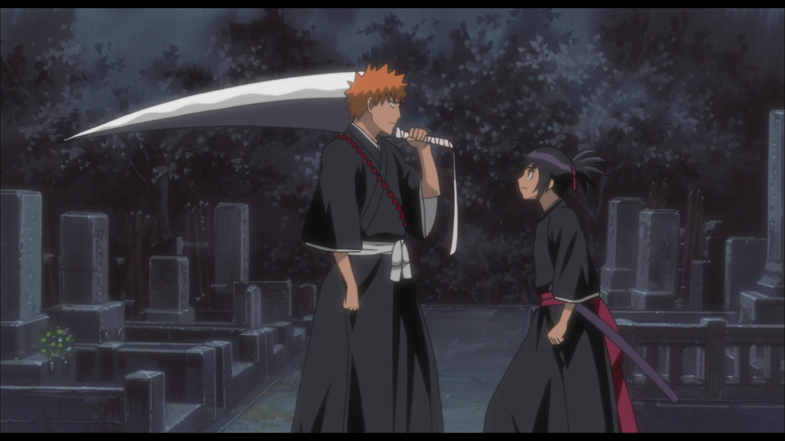 Ichigo is standing with another soul reaper in the graveyard in Bleach anime 