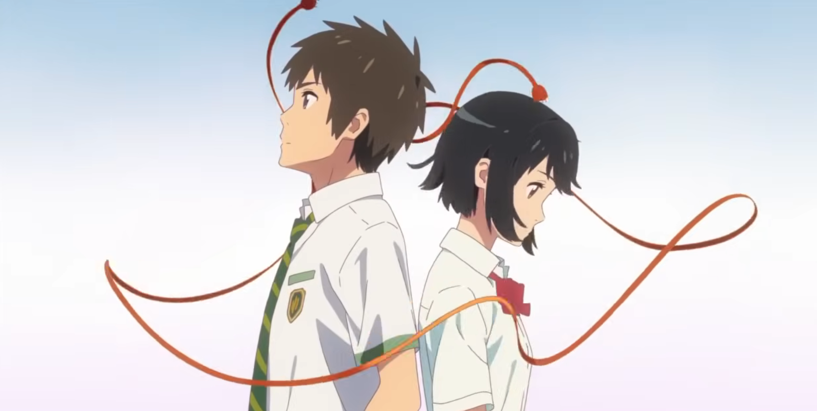 Mitsuha and Taki have a red thread of fate around them in Makoto Shinkai's your name