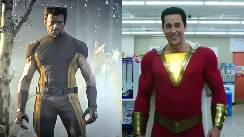 Wolverine's brown & yellow suit in Deadpool & Wolverine | Credits: Marvel Studios; and Zachary Levi in his costume in Shazam! | Credits: Warner Bros.