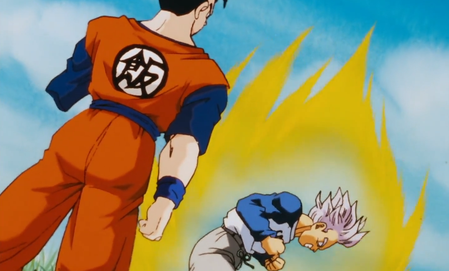 Gohan looks on while Trunks trains his Saiyan Transformation in Akira Toriyama's Dragon Ball