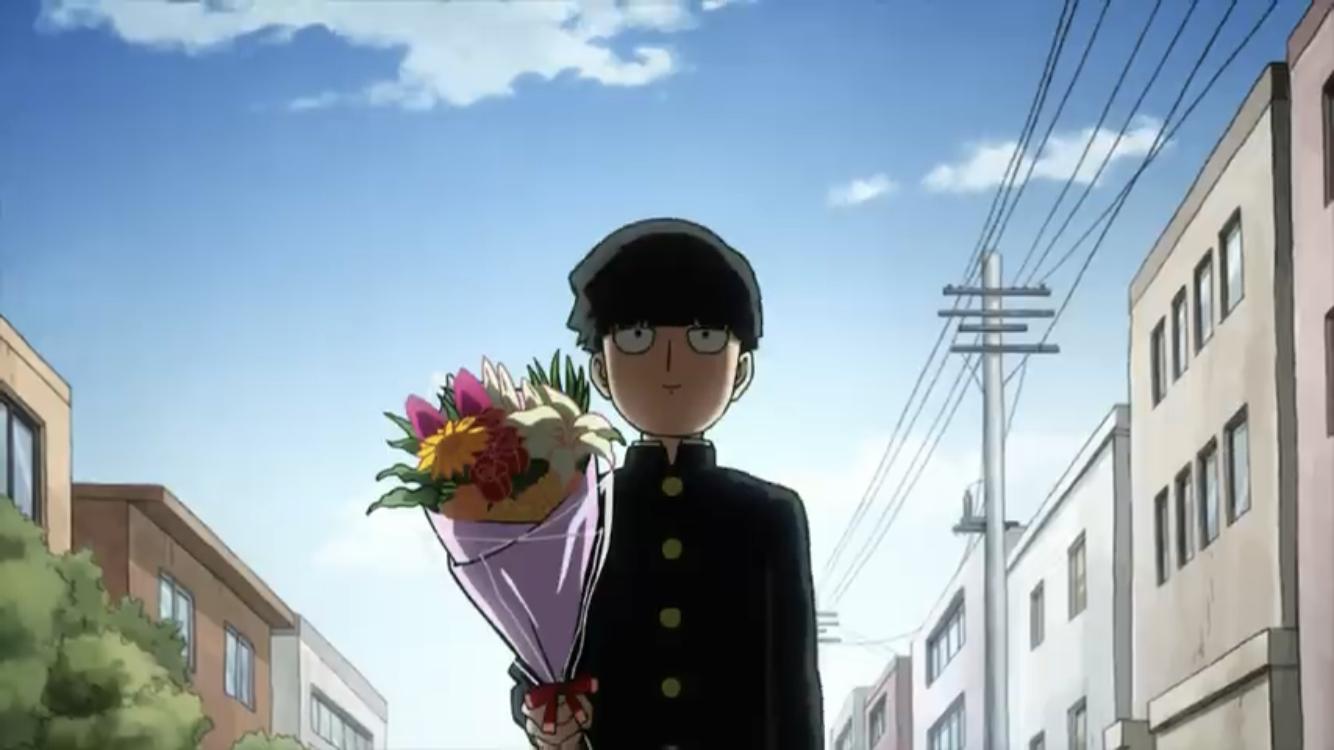 Mob from Mob Psycho 100 anime can be seen holding flowers in the picture 