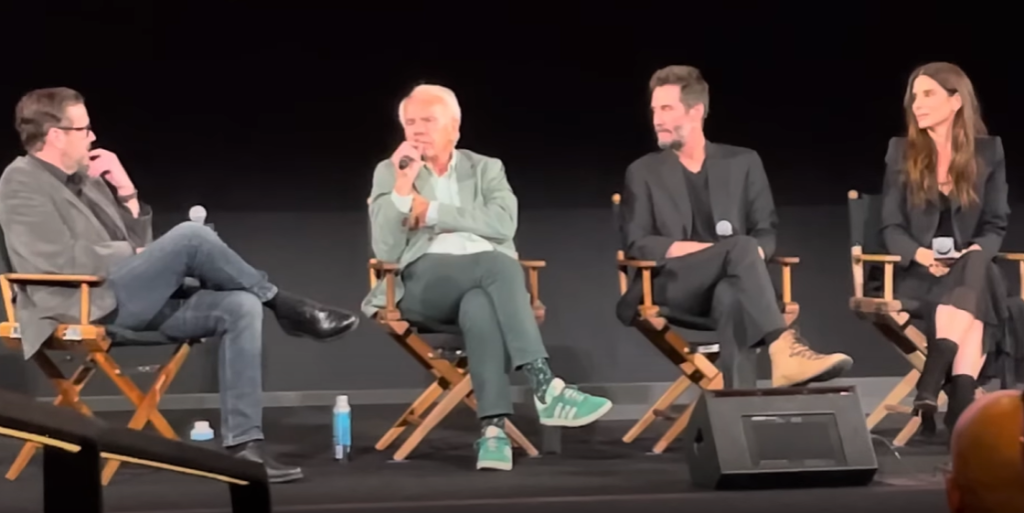 Jan de Bont, Keanu Reeves, and Sandra Bullock attend the 30th anniversary of Speed at the Egyptian Theatre