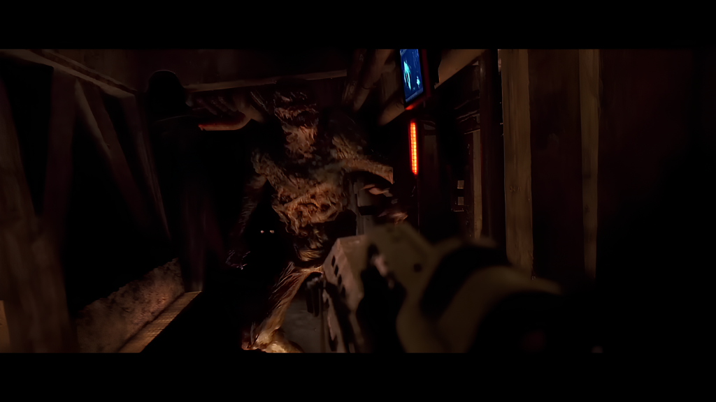 A screengrab from 2005's DOOM, featuring the movie's FPS sequences.