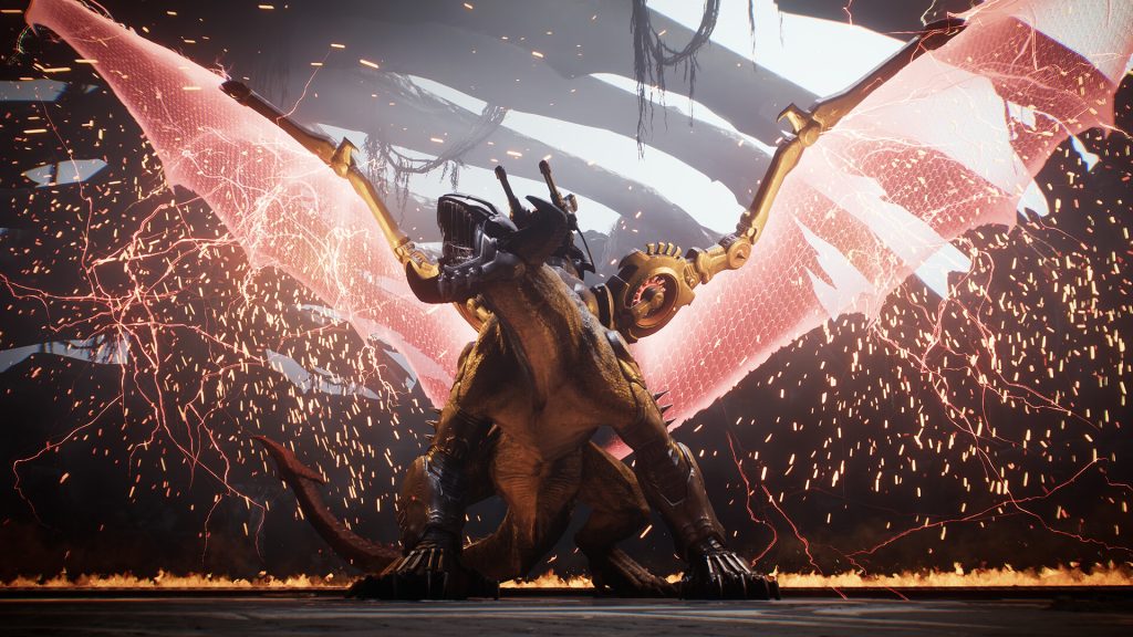 The image shows a player fighting a dragon in DOOM: The Dark Ages