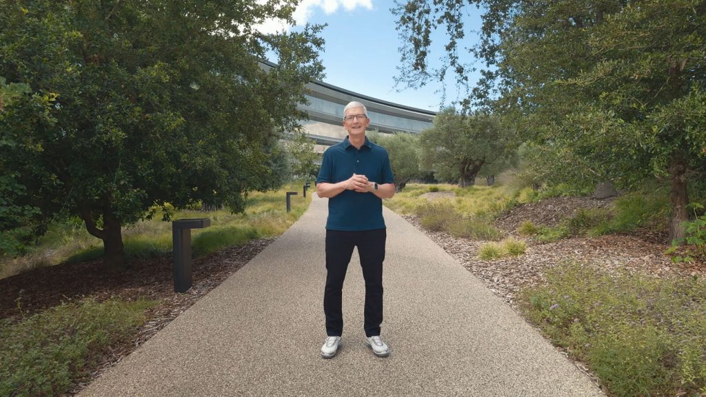 Image of CEO Tim Cook presenting a segment of the Apple Event.