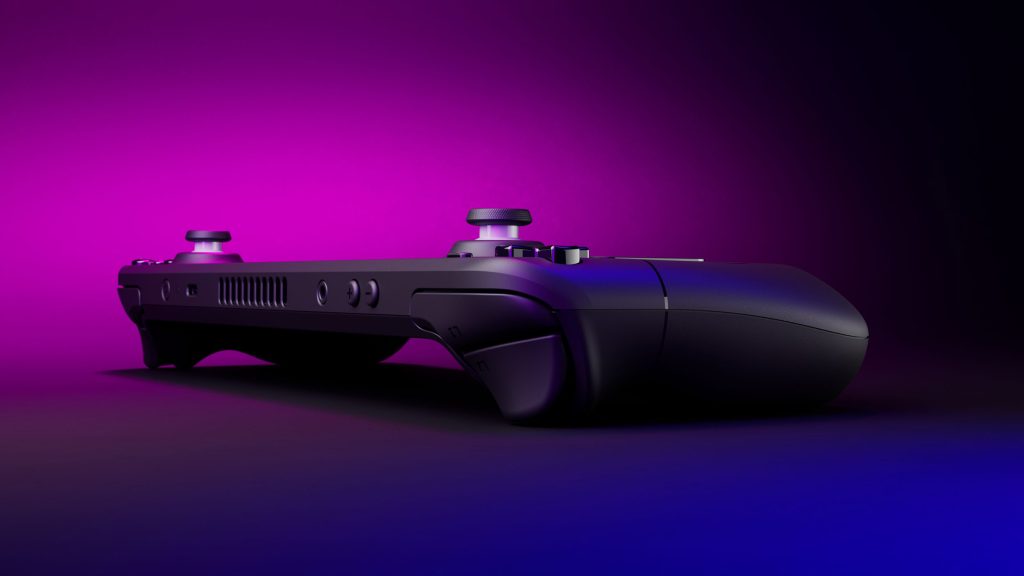 A promotional render of the Steam Deck with a purple and pink background.