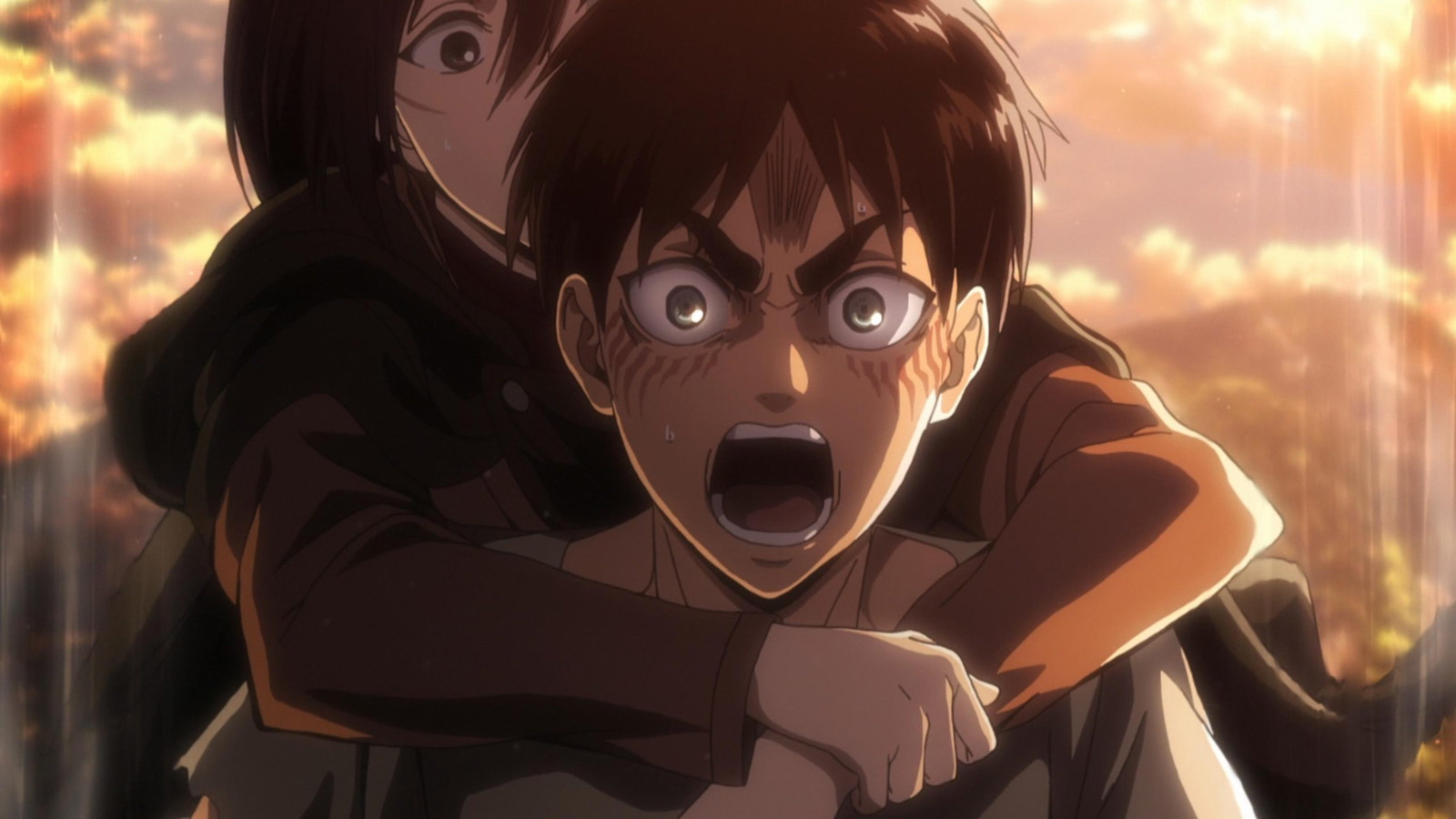 Mikasa is behind Eren's back who is screaming in Hajime Isayama's Attack on Titan