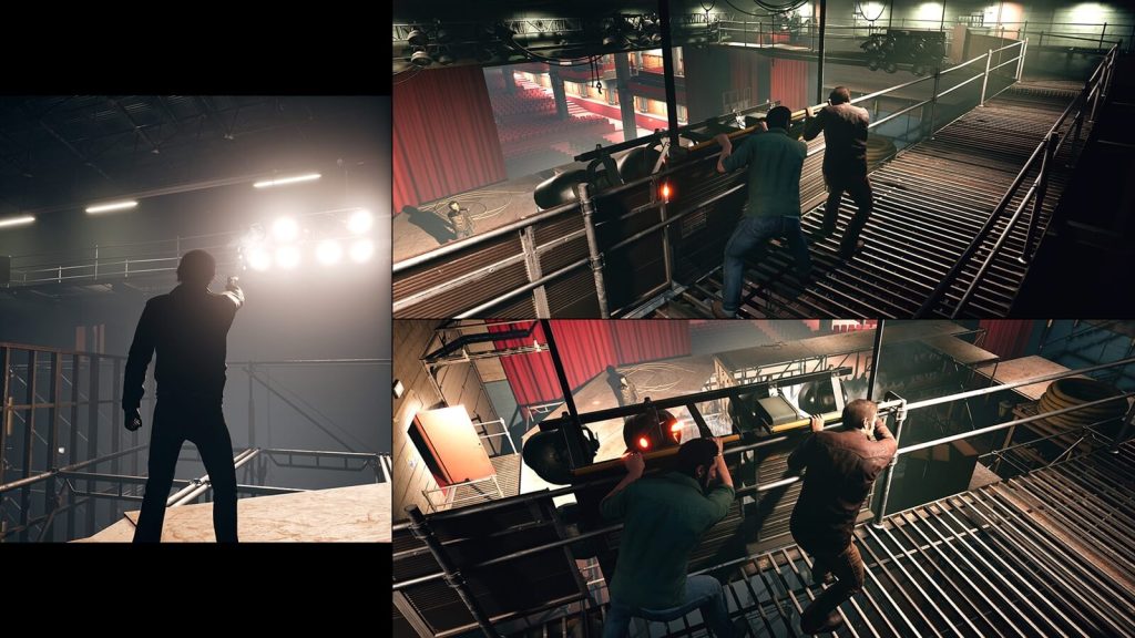 A gameplay screenshot of A Way Out, showcasing the game's unique split-screen feature.