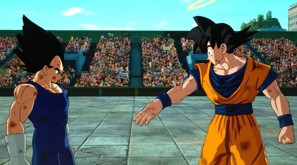 Goku and Vegeta are about to shake hands following Vegeta's win.