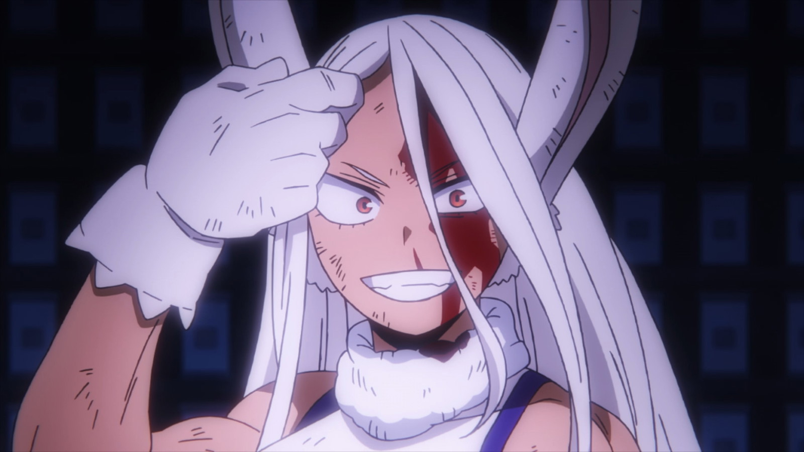 Mirko has one of her hands near her head in My Hero Academia anime