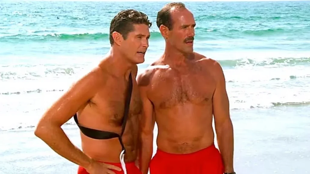 Michael Newman (R) and David Hasselhoff in Baywatch | Credits: All-American Television