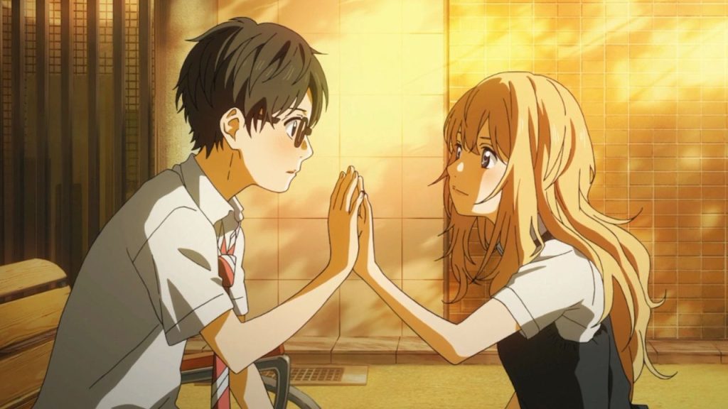 Kosei and Kaori holding hands in Your Lie in April