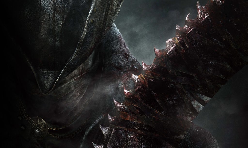 Gritty Bloodborne promotional art shows the player character wielding bloody and sharp weapon.