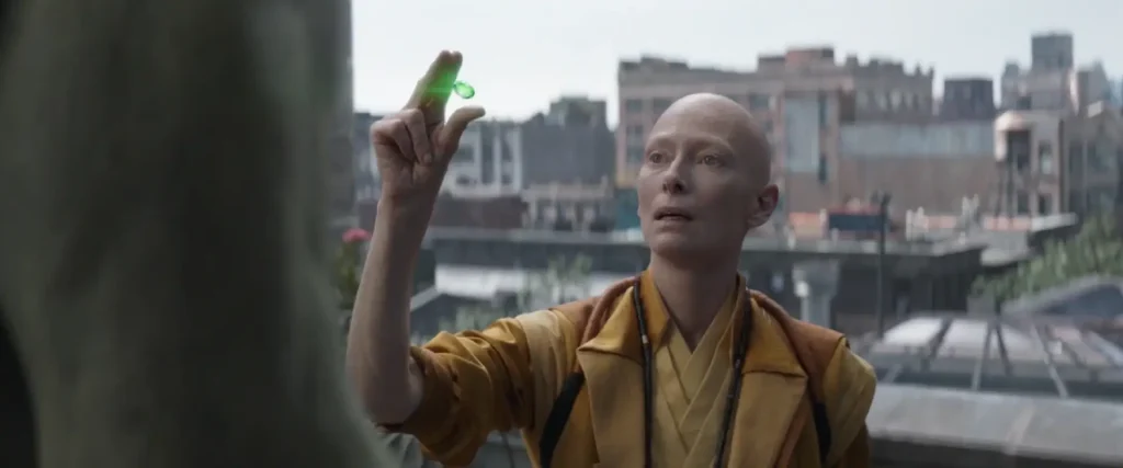 Ancient One holding the Time Stone before Hulk in Avengers: Endgame