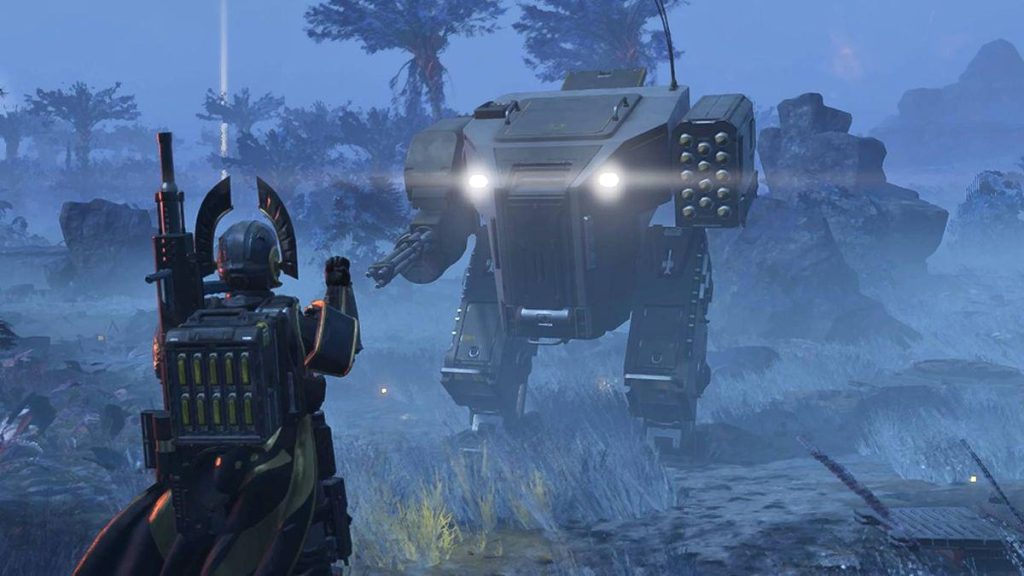 A player standing in front of a Mech in Helldivers 2