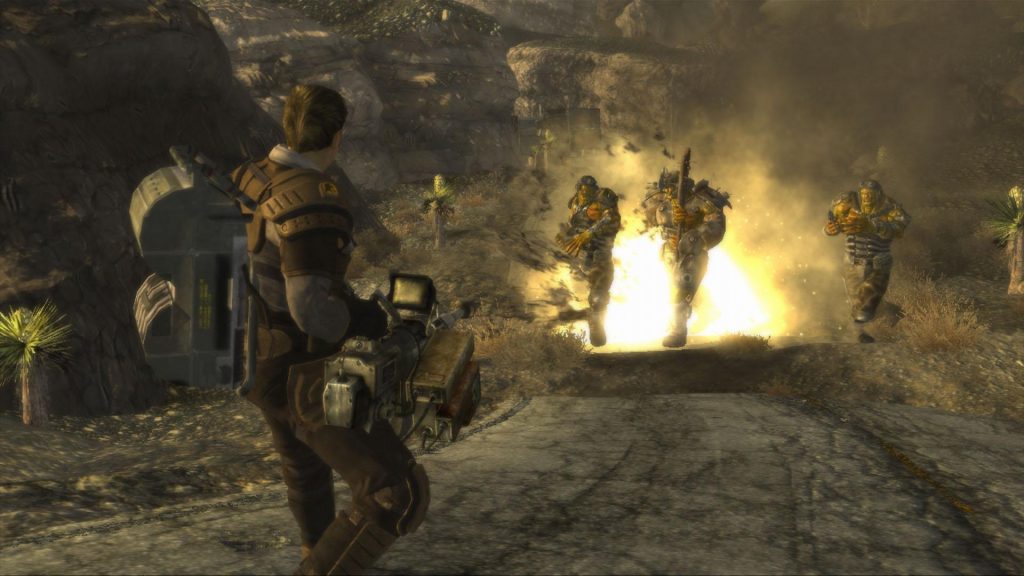 the image shows a player firing weapons in Fallout new Vegas 