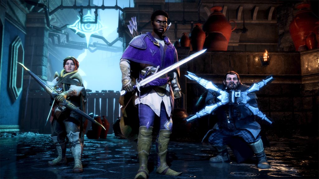 A still from Dragon Age: The Veilguard, featuring Harding and Varric with the protagonist.