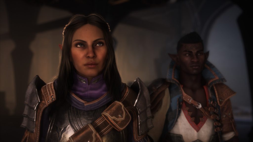 A still from Dragon Age: The Veilguard, featuring Davrin with the protagonist.