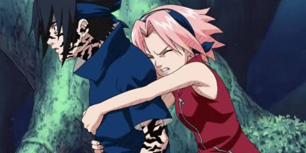 Sakura hugs Sasuke and his curse mark disapears soon after. 