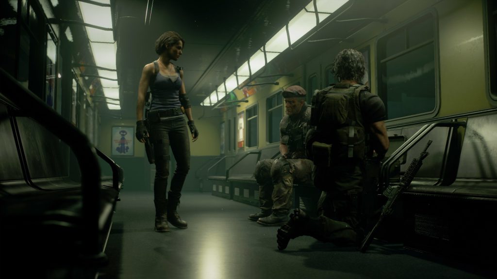 the image shows Jill talking to others in Resident Evil 3