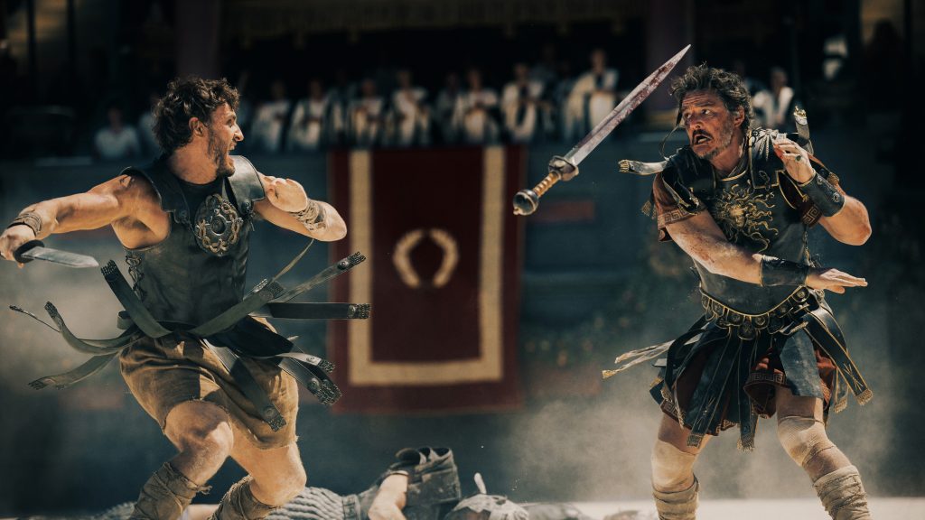 Paul Mescal as Lucius and Pedro Pascal as Marcus Acacius in Gladiator II 