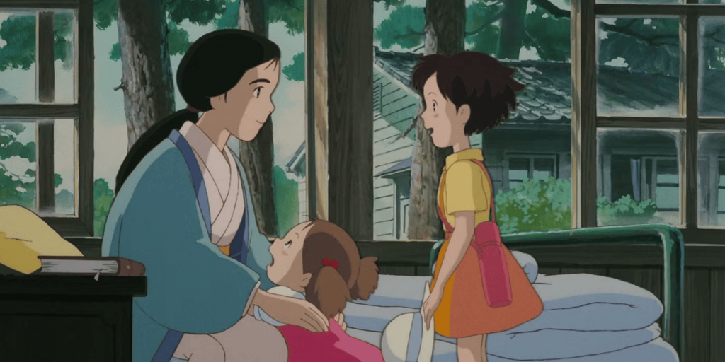 Mei and Satsuki with their ill mother in My Neighbor Totoro.