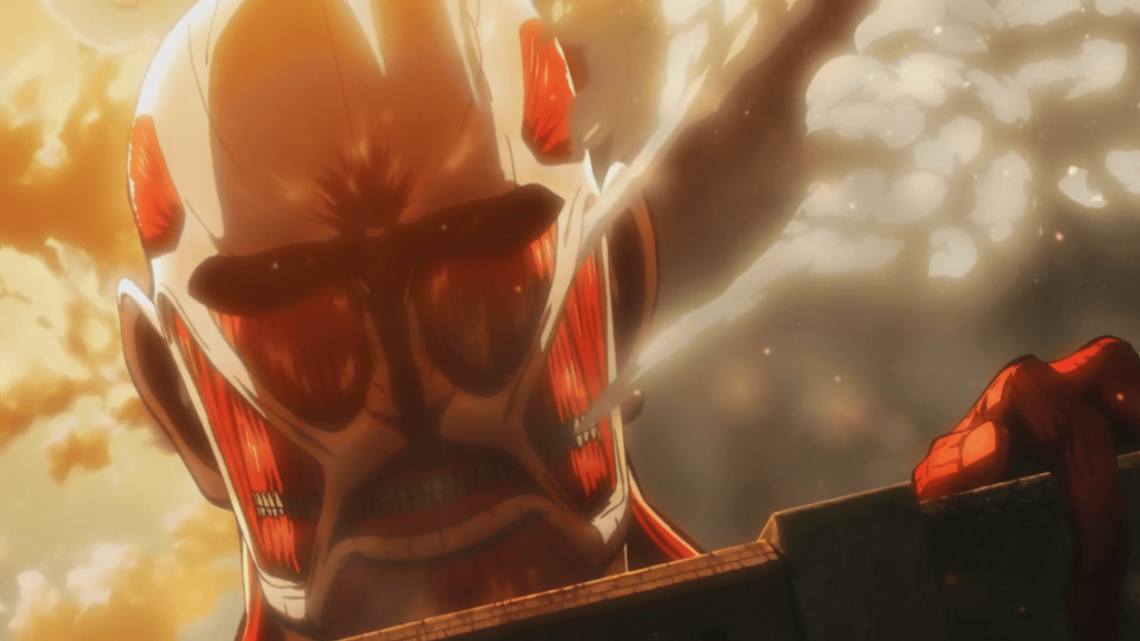 Colossal Titan appears behind the wall. 