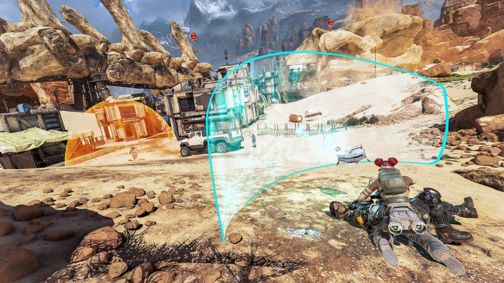 A still from Apex Legends, featuring a player being revived by Lifeline.