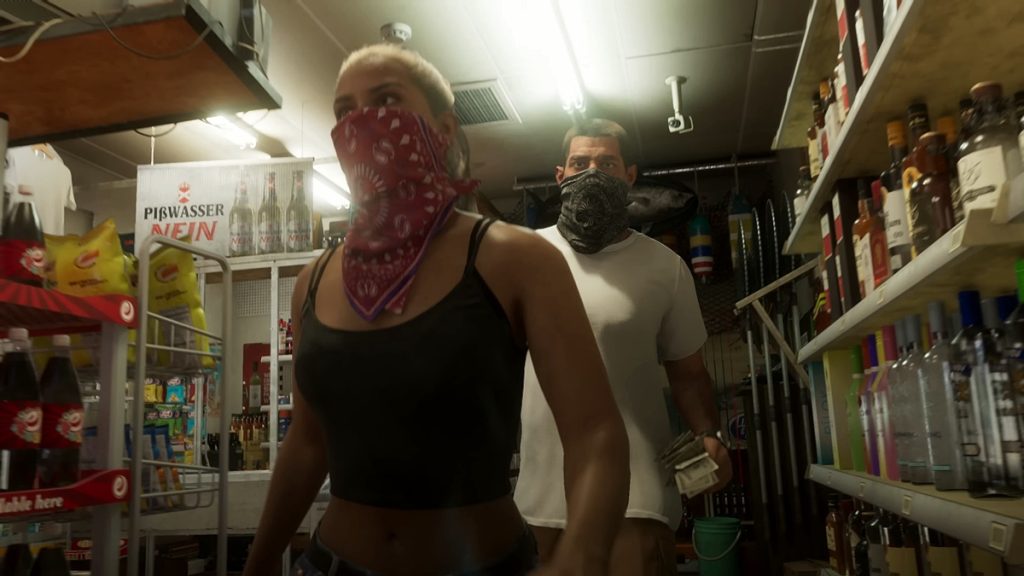 A screenshot from the Grand Theft Auto 6 (GTA 6) trailer, featuring Lucia and Jason walking out of a store after robbing it.