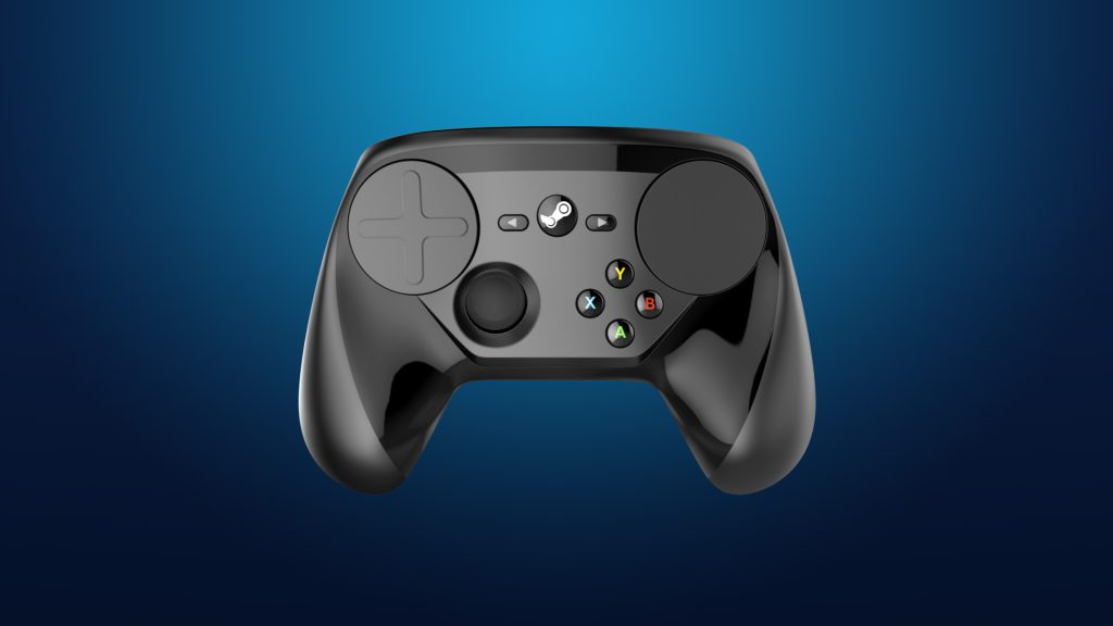 A shot of Steam controllers front, featuring its unconventional layout and touchpad.