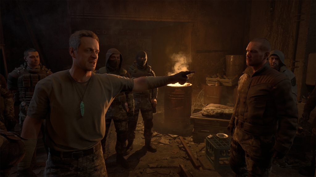 A scene in STALKER 2 featuring multiple human NPCs.