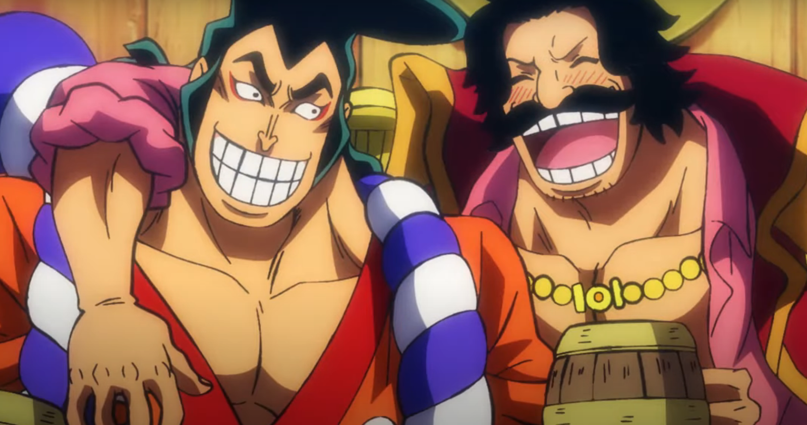 Roger and Oden laugh together in the picture in a still from One Piece 