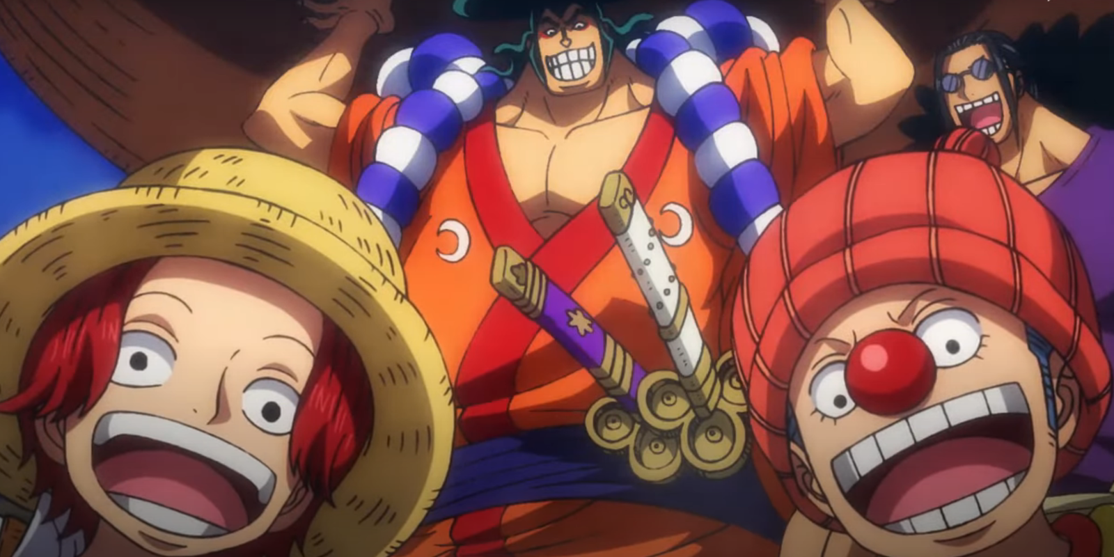 Oden cooks and Shanks and Buggy look happy in One Piece anime