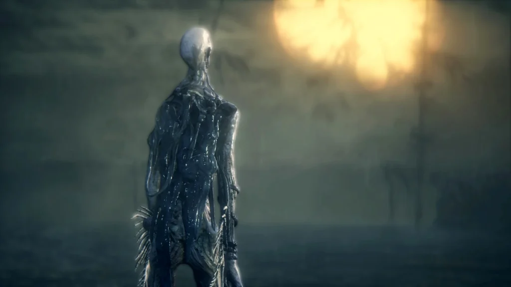 A still from Bloodborne, featuring the Orphan's bossfight cutscene.