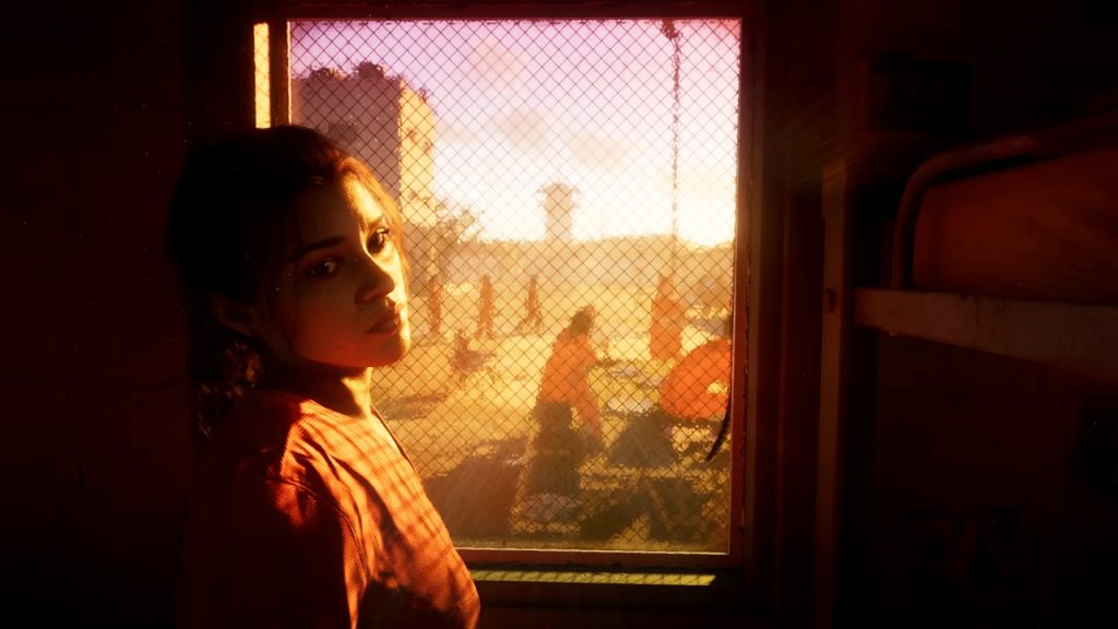 The opening scene of the GTA 6 trailer, in which the main character Lucia is in prison.