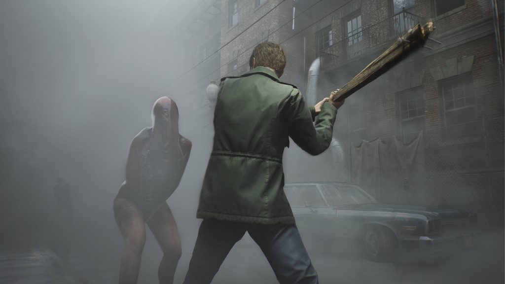 A still from Silent Hill 2, featuring James fighting a Lying Figure.