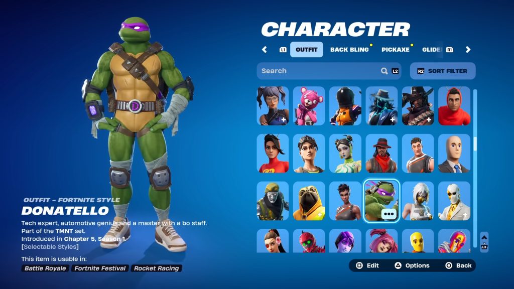 A menu screenshot of Fortnite showing Donatello from TMNT wearing Jordans.