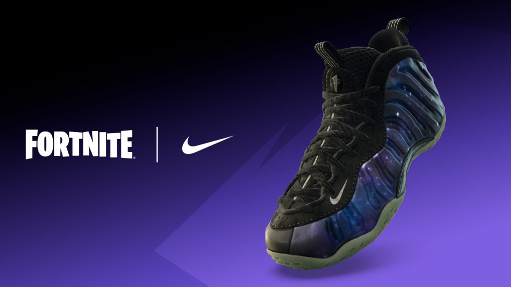 A menu screenshot of Fortnite showing Nike Air Foamposite One ‘Galaxy’ Kicks.