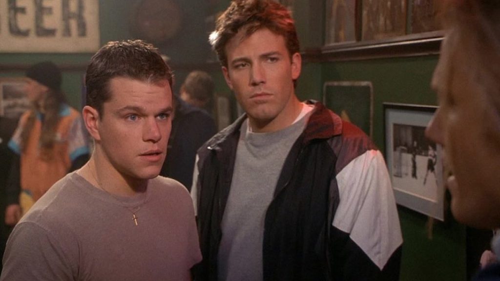 Matt Damon and Ben Affleck standing in a still from Good Will Hunting