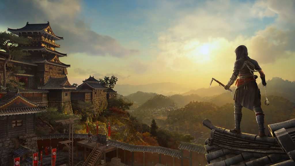 A still from Assassin's Creed Shadows, featuring Naoe scoping out a fortress.